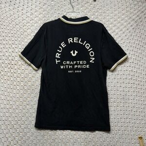True Religion Polo Shirt Mens Size L Black Crafted With Pride Short Sleeve Flaw